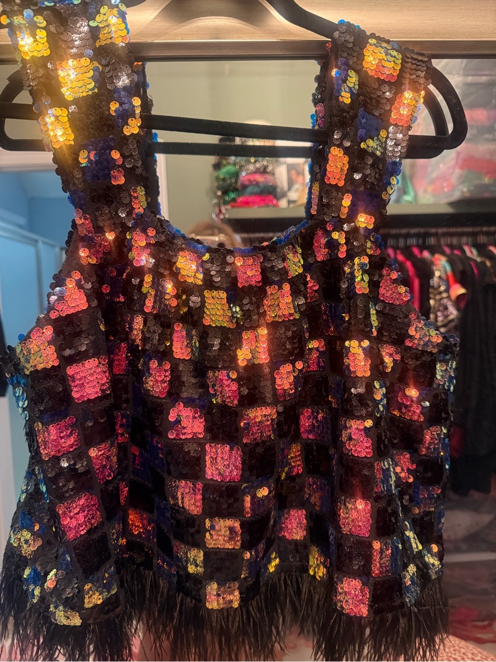 QUEEN OF SPARKLES Black Sequin Multicolor Square-Pattern Tank with Feather Trim
